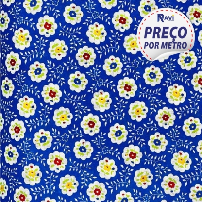 Tecido Tricoline Textoleen Mista Floral Fundo Azul Royal L L V