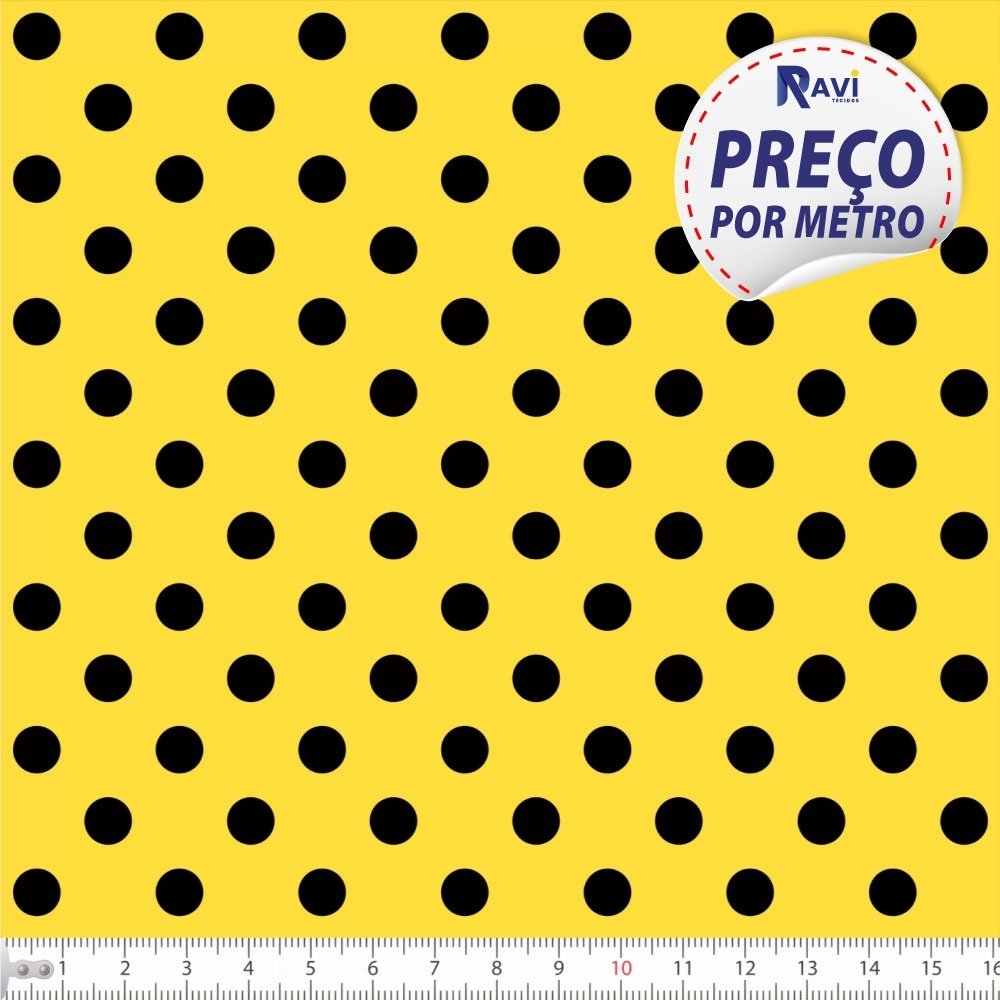 Tecido Tricoline Estampado Bola Media Preto Fundo Amarelo - 50cm x